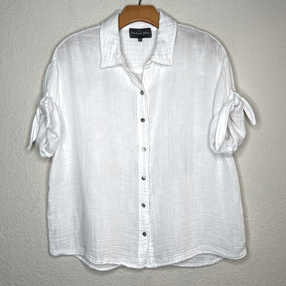 Michel Stars Tess Tie Shirt White Sz XS Double Gauze Button Front Oversized Boxy - Picture 6 of 14